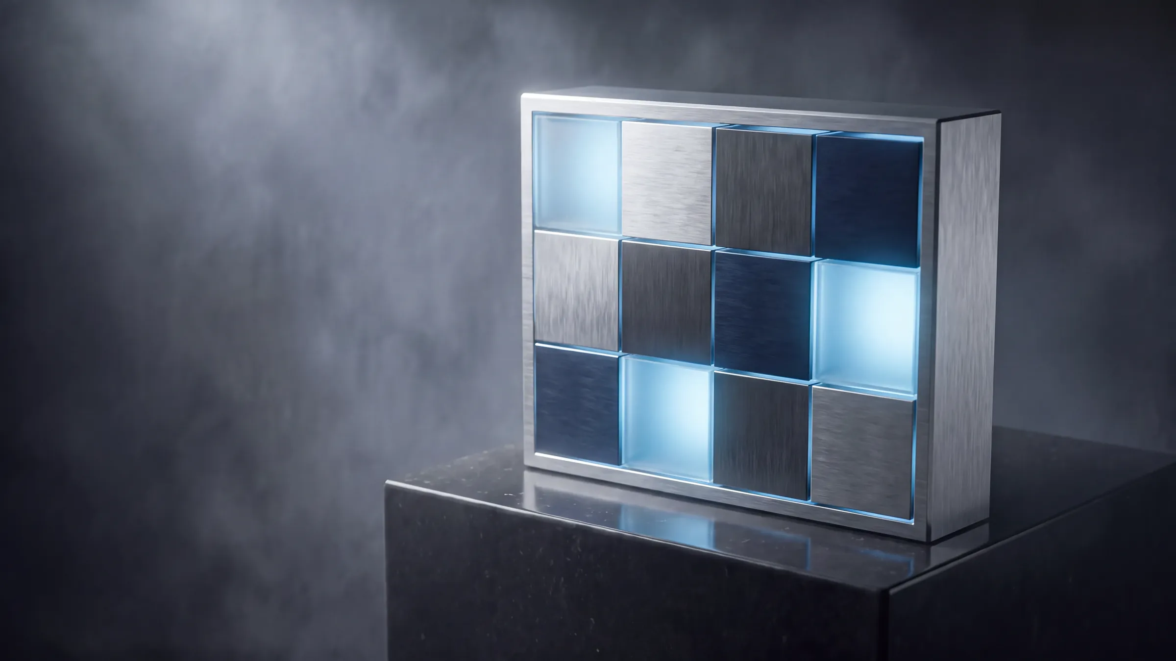 A brushed silver frame holding twelve tiles of silver, gunmetal and navy metal, three of them glowing frosted glass